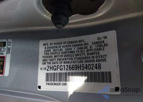 2009 Honda Civic Lx из США, поврежденный, VIN 2HGFG12669H540248